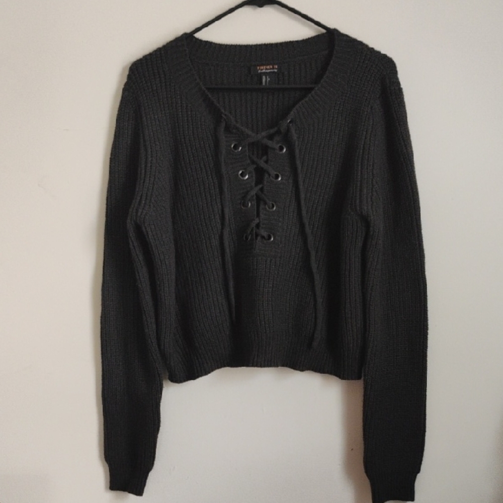 Forever 21 | Charcoal Grey Lace-Up Knit Sweater | L | NWOT
